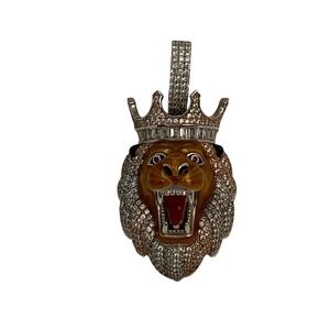 King Lion Head Pendant Pave Cz Crown Roaring Lion 25 grams Sterling Silver